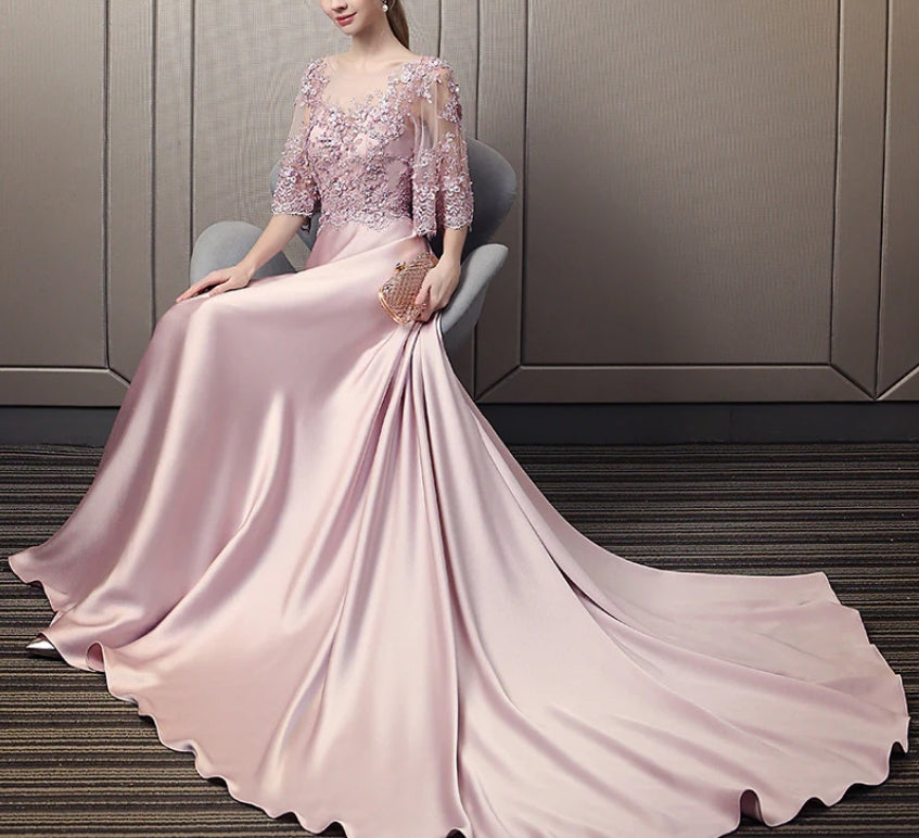 Luolandi Pink Soft Satin Long Party Dress with Lace Top A-line Pink Evening Dress Prom Dress Mother of the Bride Dress