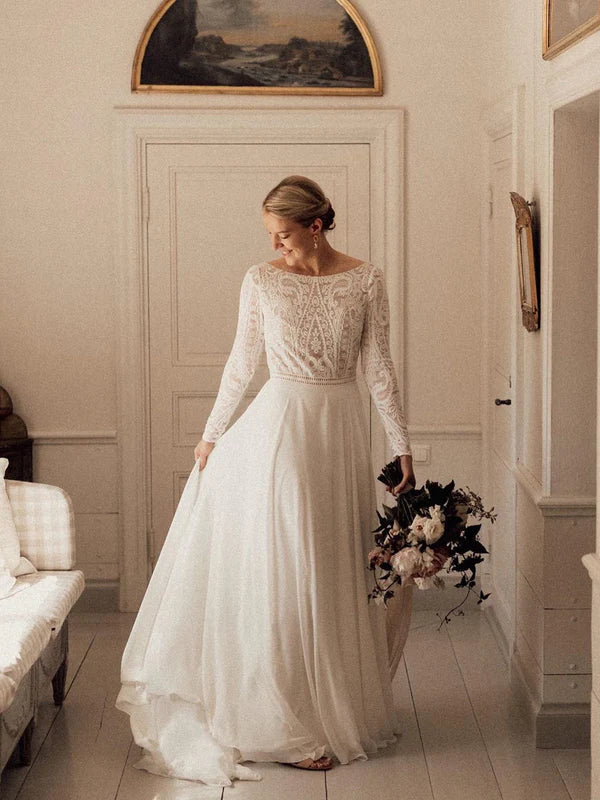 Luolandi Simple Lace Chiffon A-line Backless Wedding Dresses Country With Long Sleeves Gowns Elegant