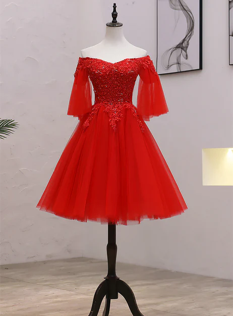 Luolandi Red Sweetheart Tulle with Lace and Beaded Homecoming Dress Party Dress Off Shoulder
