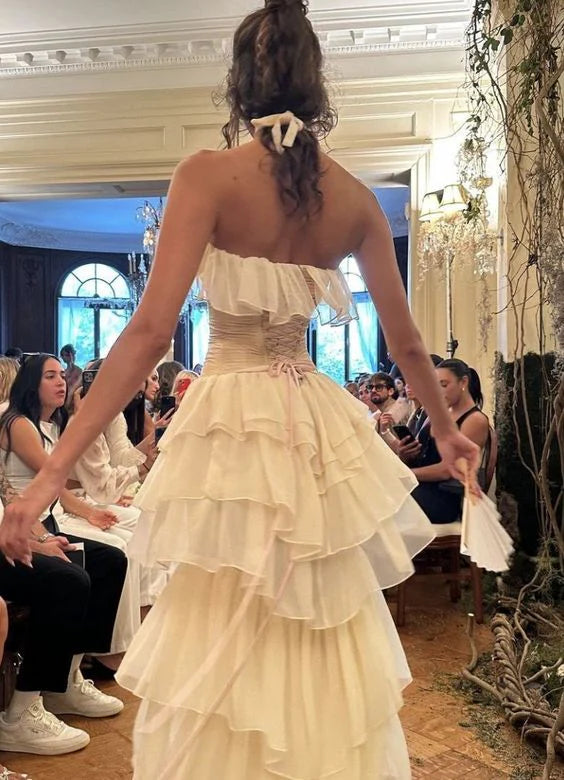 Luolandi Strapless Chiffon Tiered Sheath Gorgeous Evening Dress Off Shoulder Charming Prom Dress