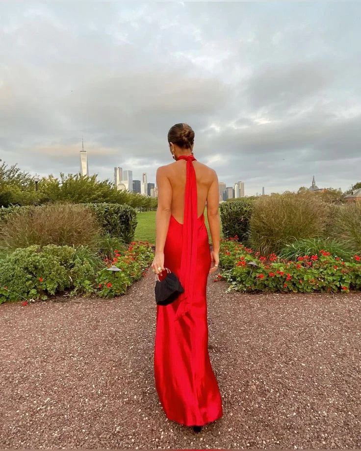 Luolandi Charming Red Halter Backless Long Prom Dress with Slit Party Dress Formal Dress