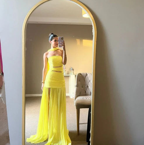Luolandi Strapless Yellow A Line Long Prom Dress Formal Party Gown Charming Evening Dress