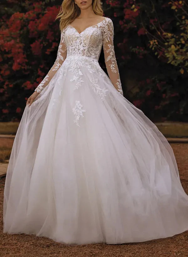 Luolandi V-Neck A-Line Wedding Dresses With Long Sleeves Lace/Tulle And Appliques Lace Elegant