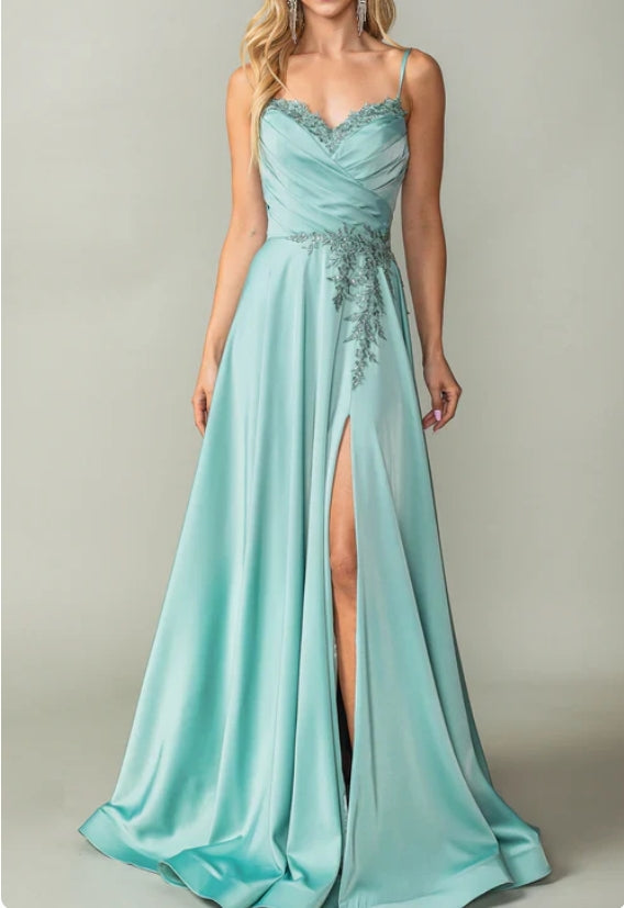 Luolandi Lace-Up-Back Long A-Line Prom Dress With Slit V-neck Evening Dress