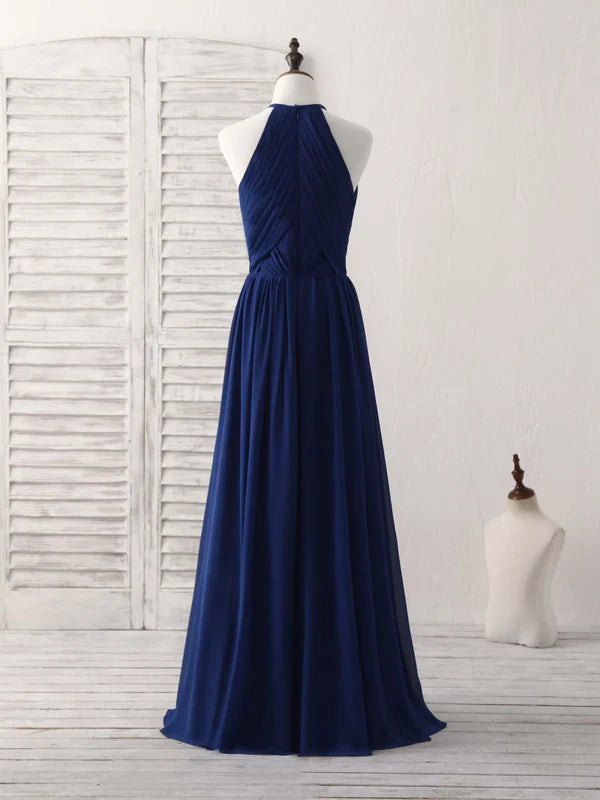 Luolandi Simple A-Line Burgundy Chiffon Long Prom Dress Halterneck Evening Dress Dark Blue Elegant
