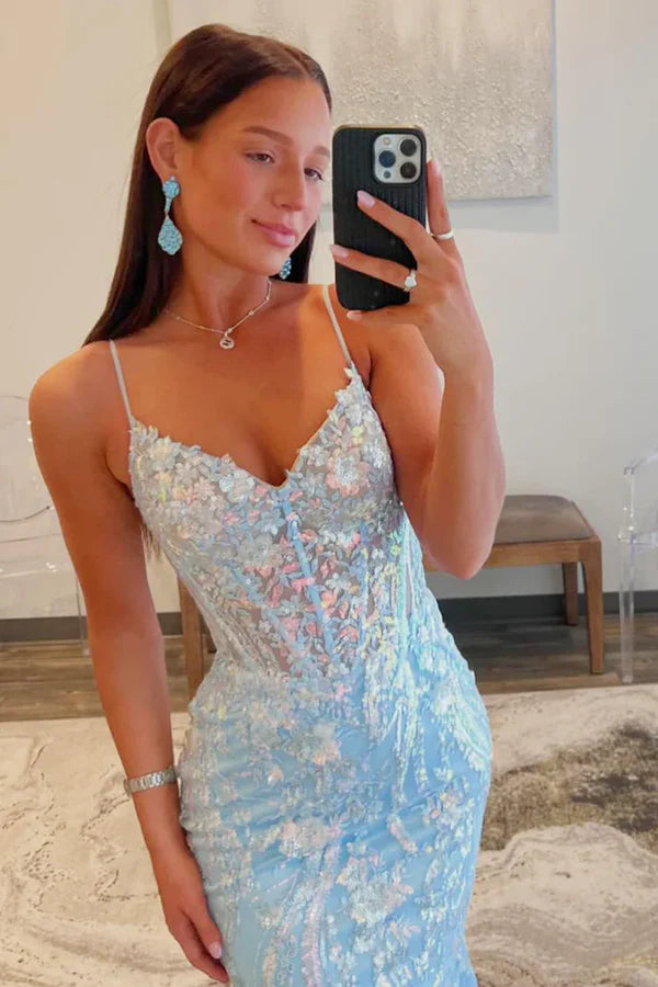 Luolandi Light Blue Sequins Appliques V Neck Long Prom Dresses Sleeveless Evening Dress