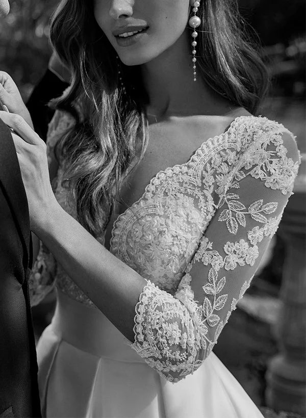 Luolandi Lace Wedding Dresses With A-Line V-Neck 3/4 Sleeves And Court Train Floor Length Elegant
