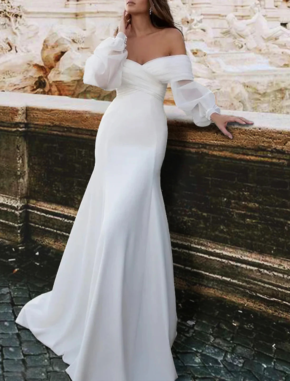 Luolandi Reception Simple Wedding Dresses Mermaid / Trumpet Off Shoulder Long Sleeve Sweep / Brush Train Satin Bridal Gowns With Ruched Elegant