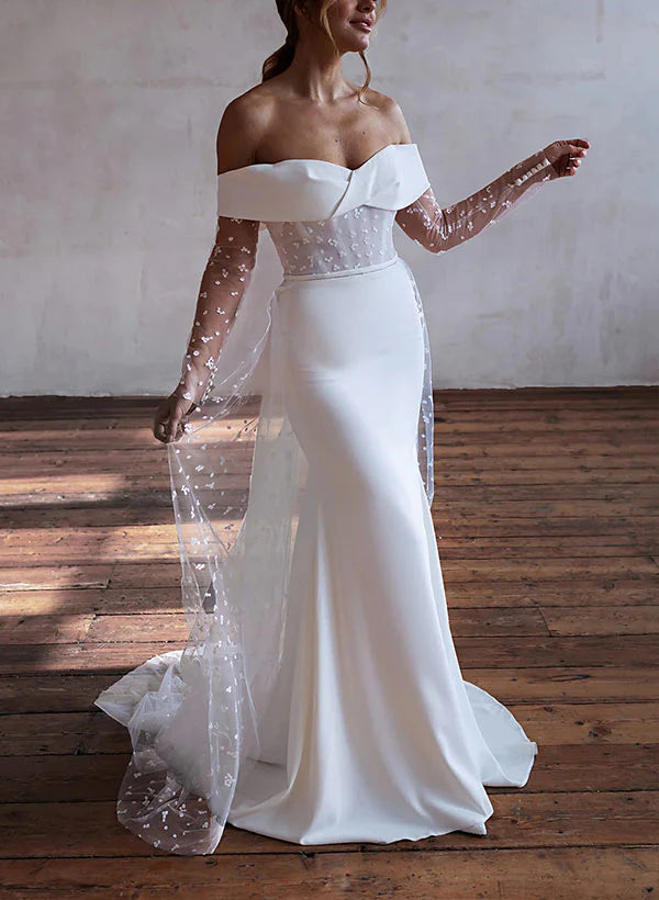 Luolandi Off-The-Shoulder Long Sleeves Sweep Train Lace/ Satin Wedding Dress With Lace Elegant