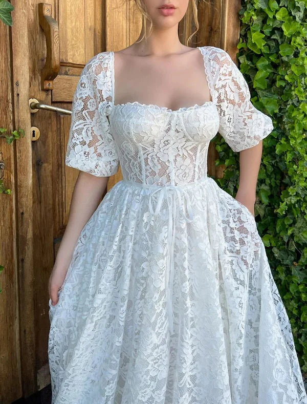 Luolandi Reception Little Dresses Wedding Dresses A-Line Sweetheart Half Sleeve Tea Length Lace Bridal Gowns With Appliques