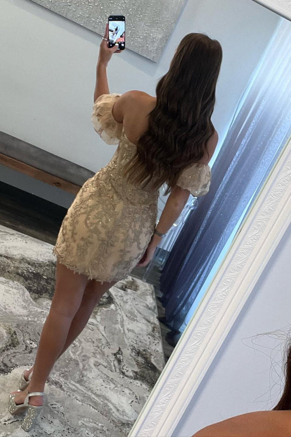 Luolandi Sheath Lace Strapless Homecoming Dress with Appliques Off Shoulder Beautiful Short Graduation Dress