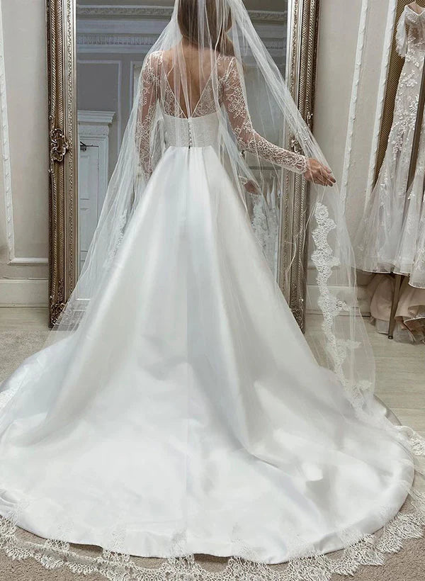 Luolandi Illusion Neck Long Sleeves Satin Wedding Dresses With Lace And Slit Floor Length Elegant