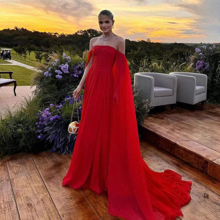 Luolandi Red Off Shoulder A-Line Long Formal Prom Dress Evening Gown Solid Color Elegant