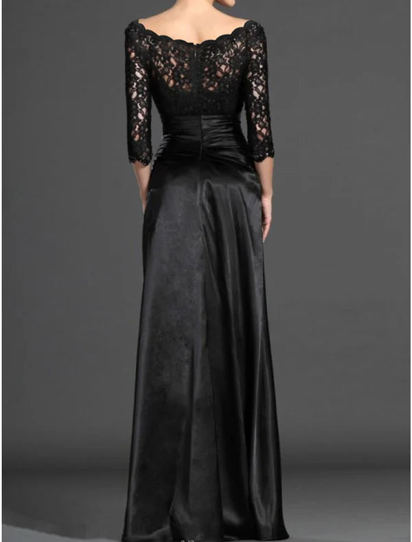 Luolandi Mermaid / Trumpet Mother of the Bride Dress Elegant Off Shoulder Floor Length Lace Satin 3/4 Length Sleeve