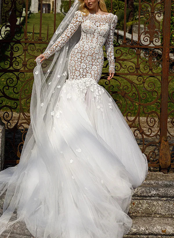 Luolandi Long Sleeves Lace Wedding Dress With Back Hole Floor Length with Appliques Elegant Without Wedding Veil