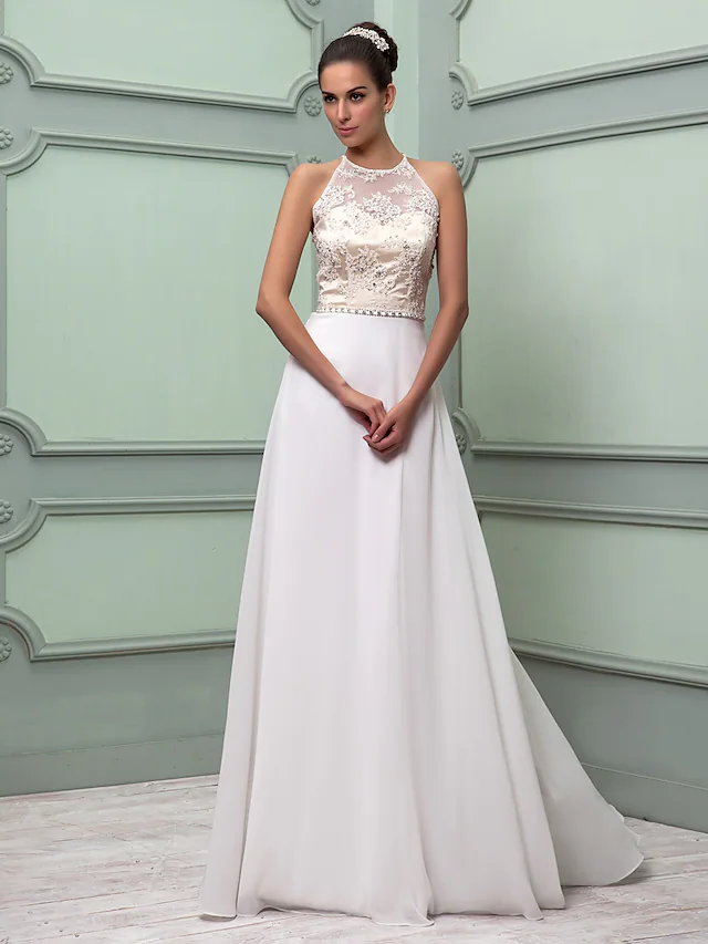 Luolandi Wedding Dresses Jewel Neck Floor Length Chiffon Lace Regular Straps See-Through with Sash Ribbon