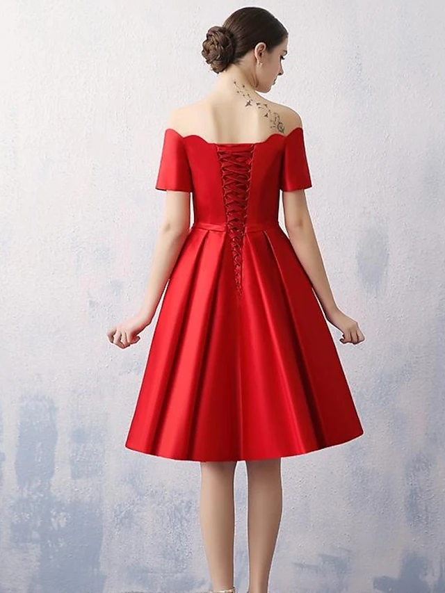 Luolandi A-Line Reformation Amante Minimalist Engagement Cocktail Party Dress Off Shoulder Short Sleeve Knee Length Satin
