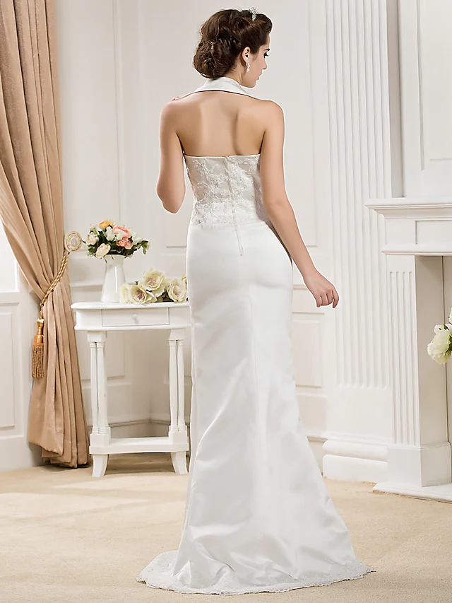 Luolandi Long Wedding Dresses Halter Neck Court Train Satin Sleeveless