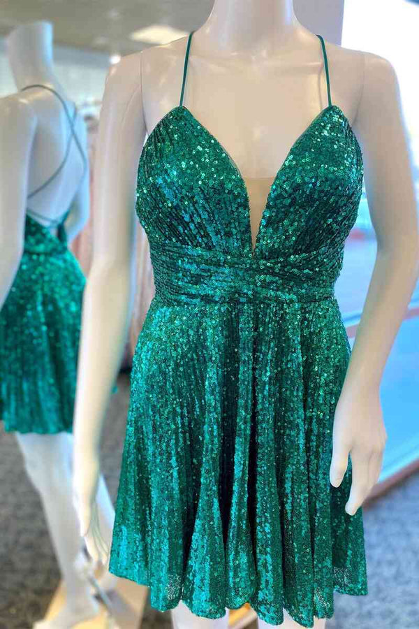 Luolandi A-Line Tie Back Emerald Green Sequins Short Homecoming Dress Sparkly Party Dress