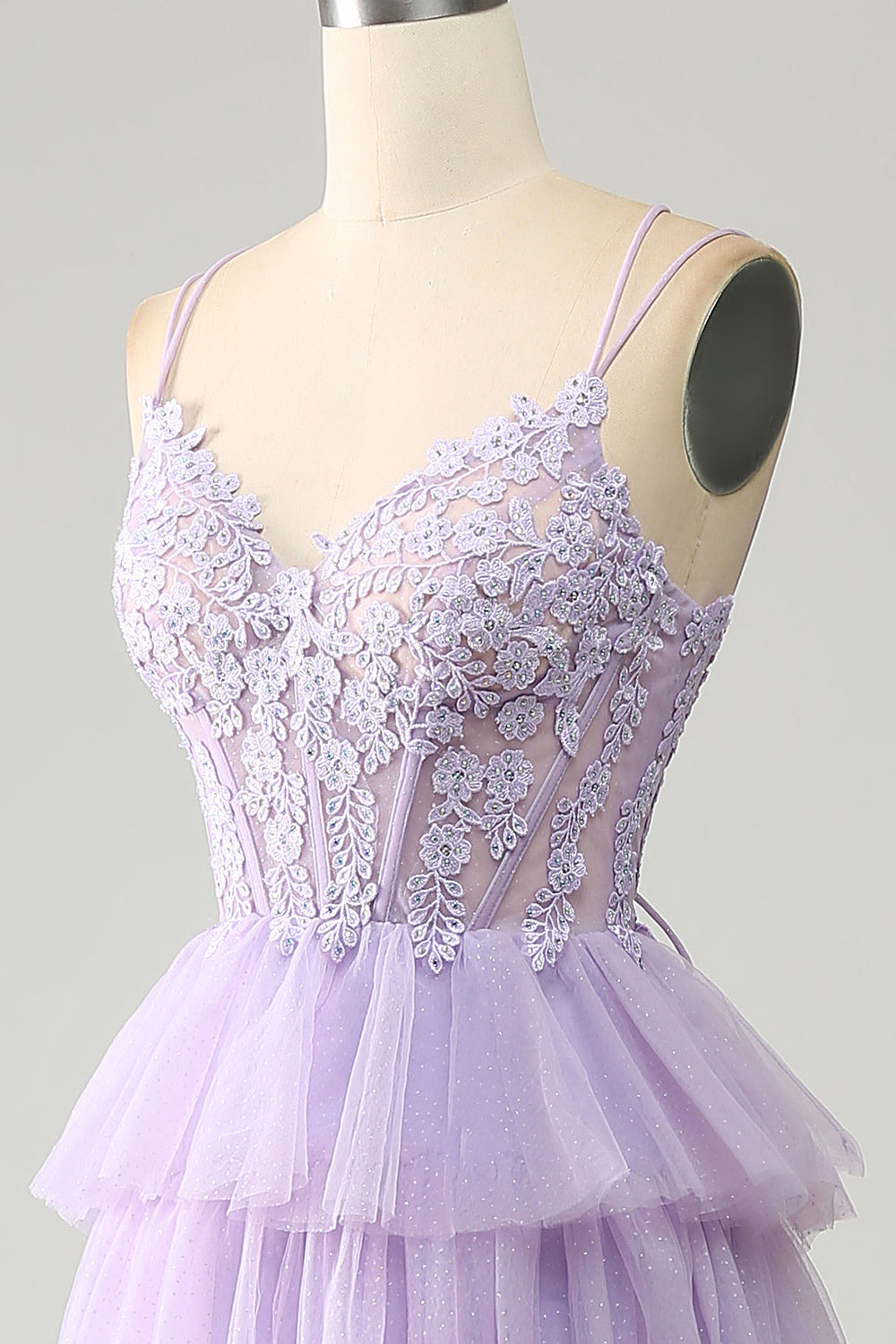 Luolandi Lilac Tulle Appliques Tiered Princess Corset Prom Dress Floor Length Beautiful