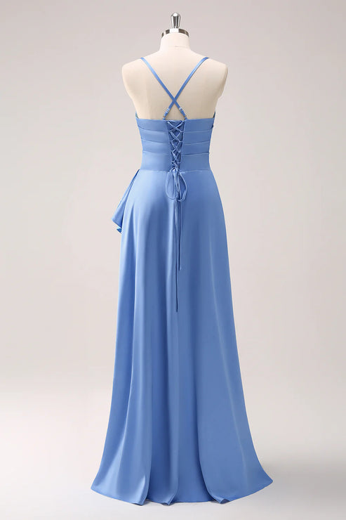 Luolandi Blue Cowl Neck Satin Asymmetrical Bridesmaid Dress with Slit Party Dress