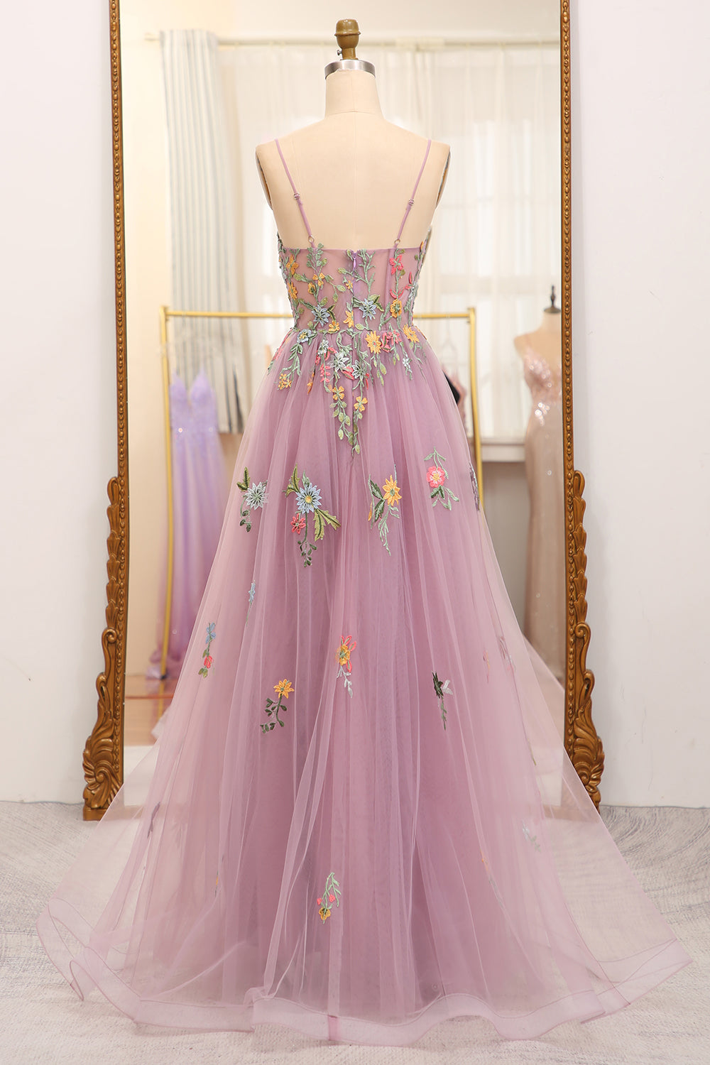 Luolandi Mauve A Line Tulle Beaded Appliques Long Prom Dress With Embroidery Beautiful