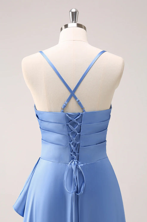 Luolandi Blue Cowl Neck Satin Asymmetrical Bridesmaid Dress with Slit Party Dress