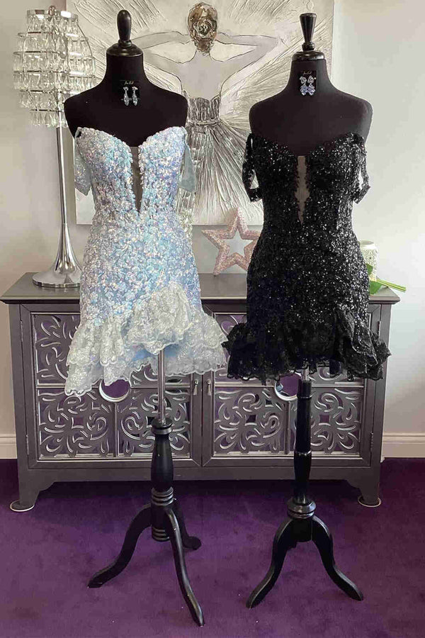 Luolandi Charming Bodycon V Neck Sequins Short Tight Homecoming Dresses with Ruffles Party Dress