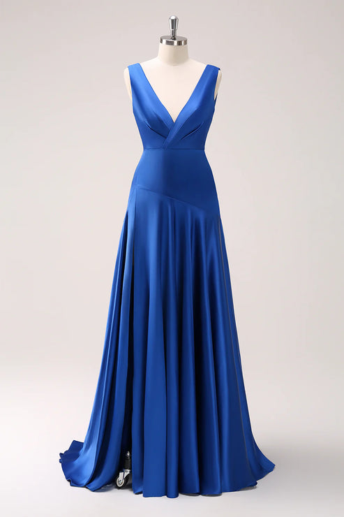 Luolandi Blue V-Neck Satin Bridesmaid Dress with Slit Floor Length Sexy Party Dress