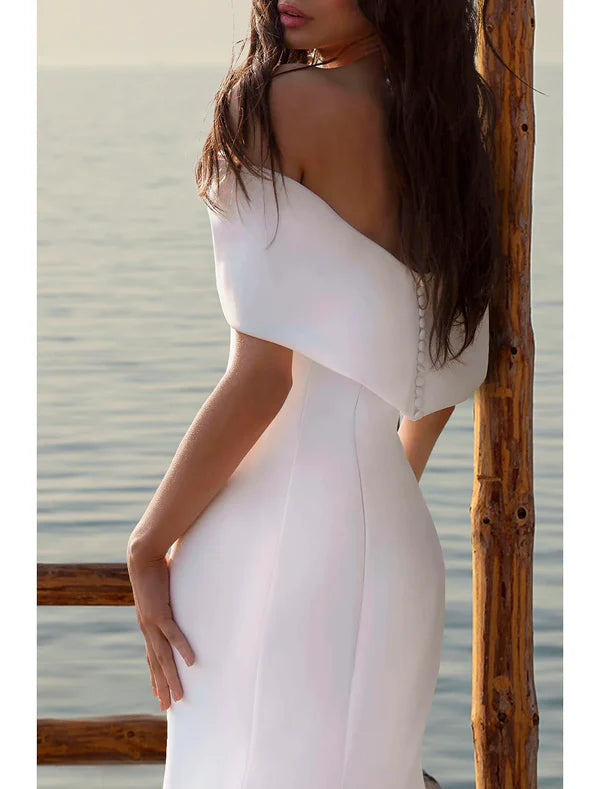 Luolandi Beach Simple Wedding Dresses Mermaid / Trumpet Off Shoulder Cap Sleeve Court Train Satin Bridal Gowns With Ruched