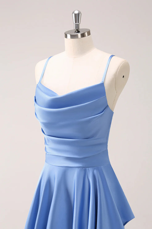 Luolandi Blue Cowl Neck Satin Asymmetrical Bridesmaid Dress with Slit Party Dress