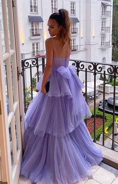 Luolandi A-line Tiered Ruffled Long Tulle Prom Dress Off Shoulder Sexy Evening Dress