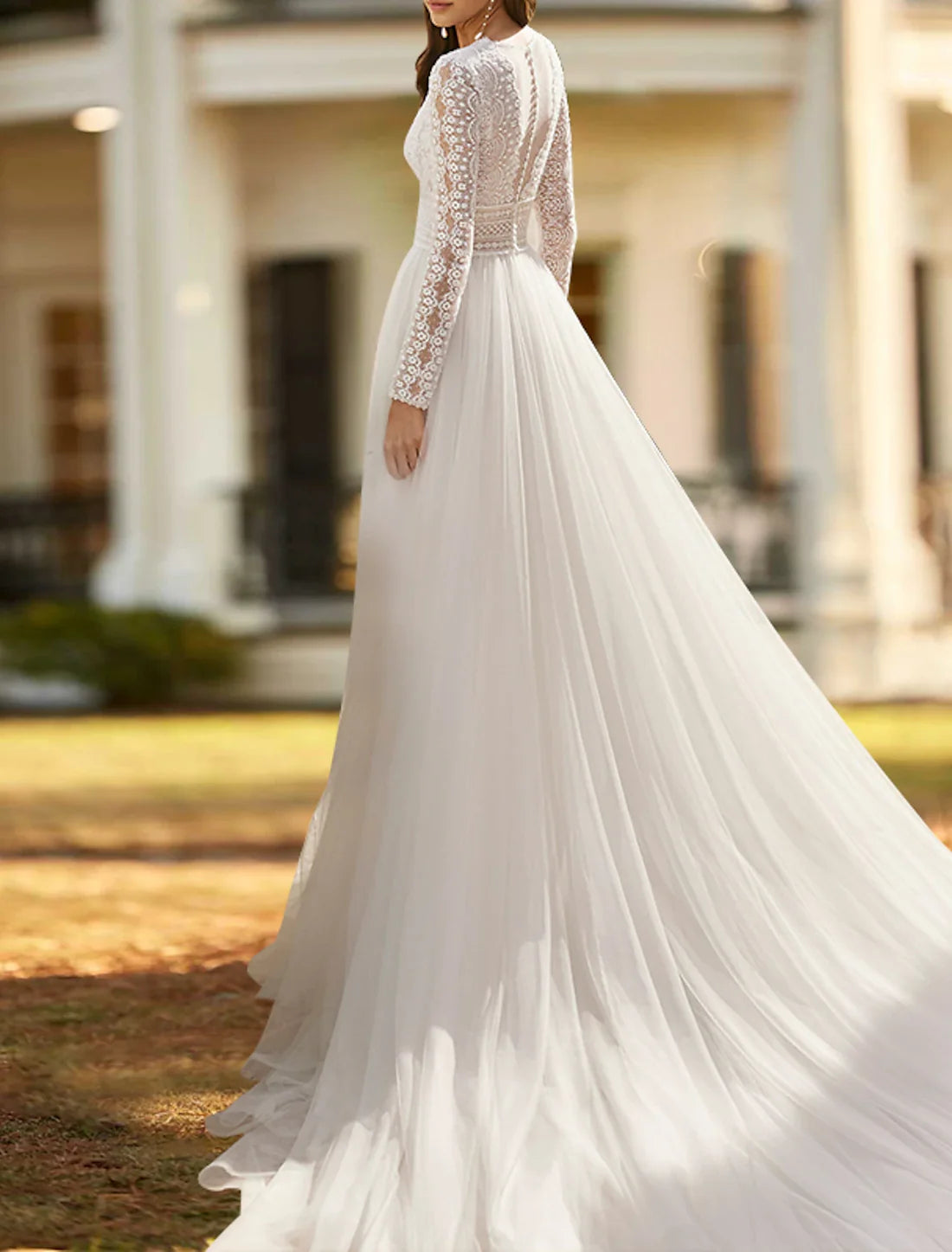 Luolandi Beach Boho Wedding Dresses A-Line V Neck Long Sleeve Court Train Lace Bridal Gowns With Split