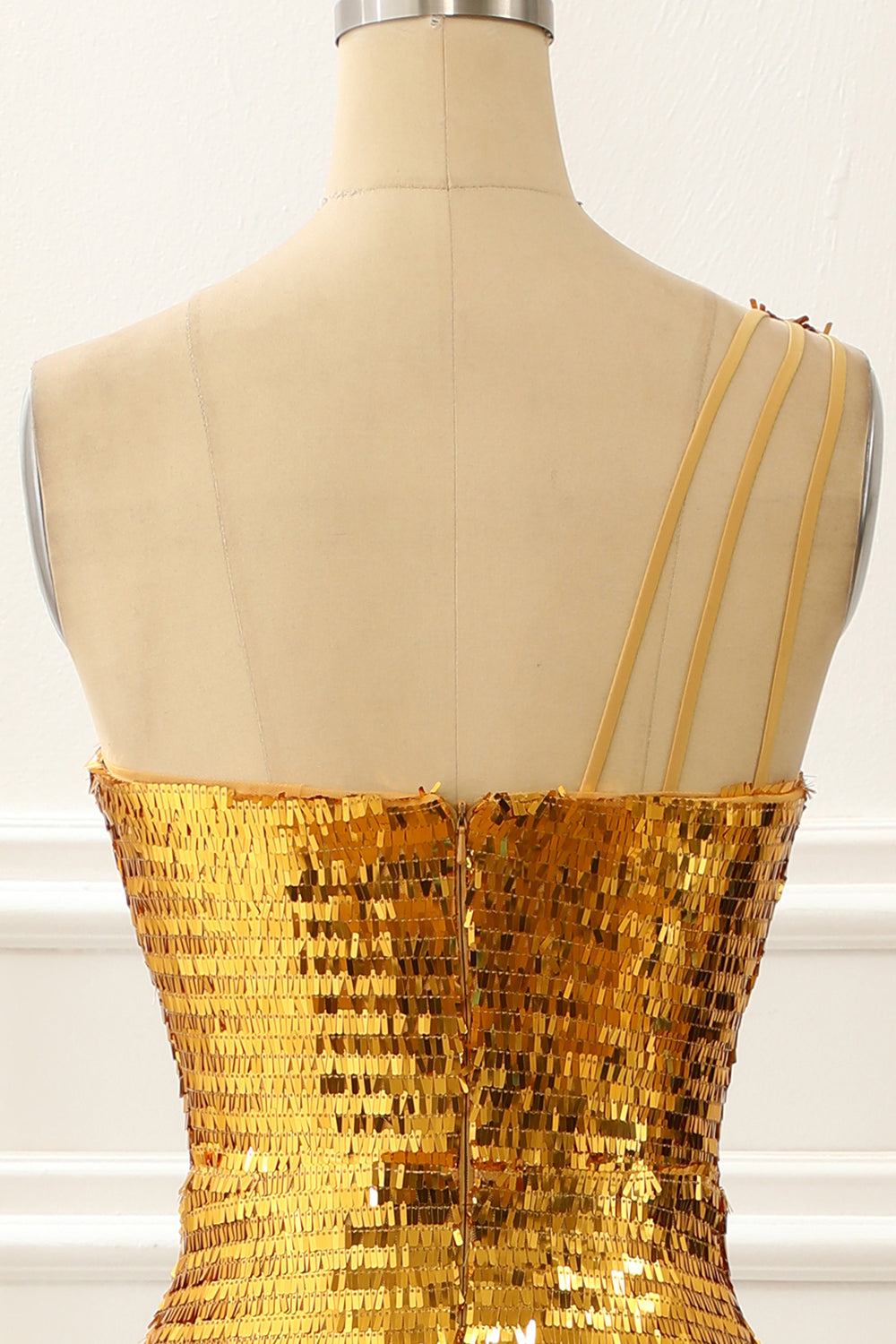 Luolandi One Shoulder Gold Sparkly Prom Dress With Slit Floor Length Evening Dress