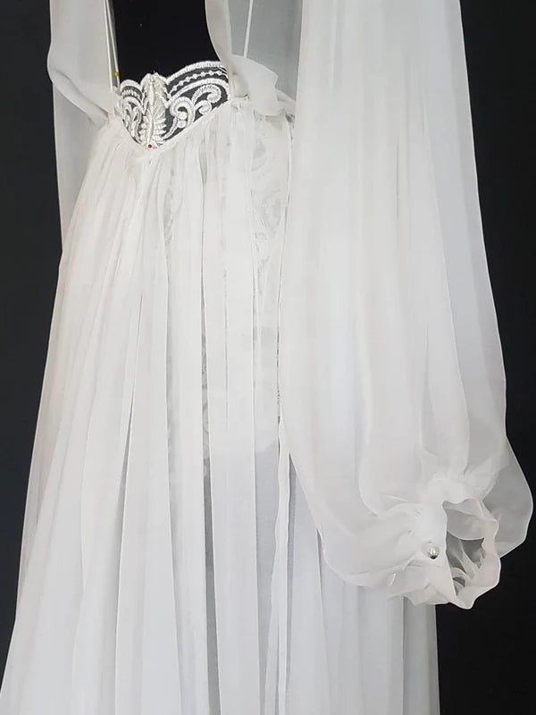 Luolandi Amazing Illusion Chiffon V-Neck Long Sleeves A-line Wedding Dresses Lace Bridal Gowns Sexy