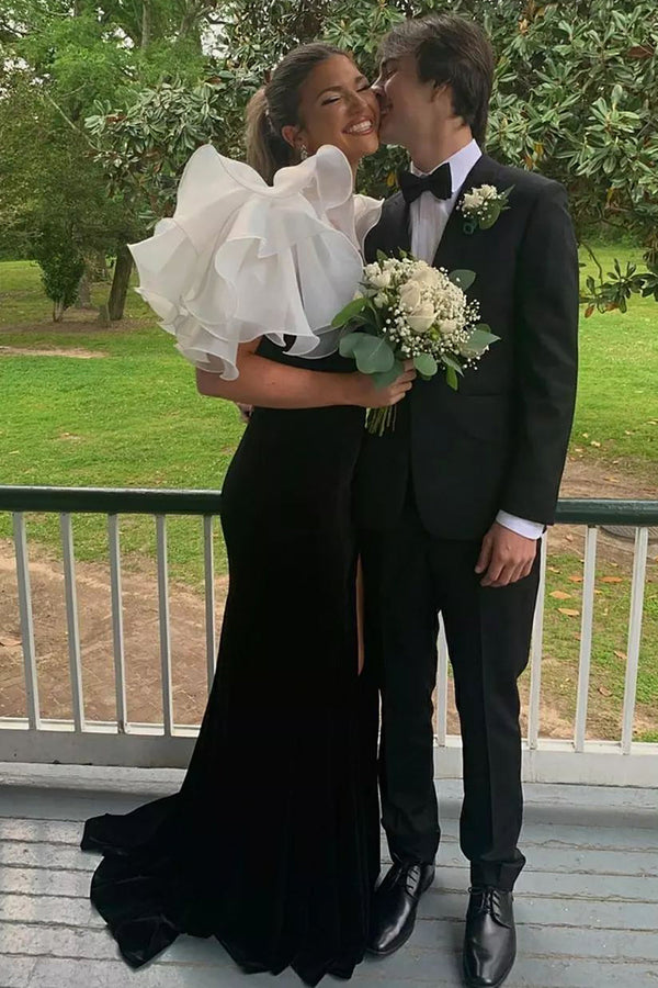 Luolandi Mermaid V Neck Velvet Prom Dress with Slit Sexy Party Dress Evening Dress