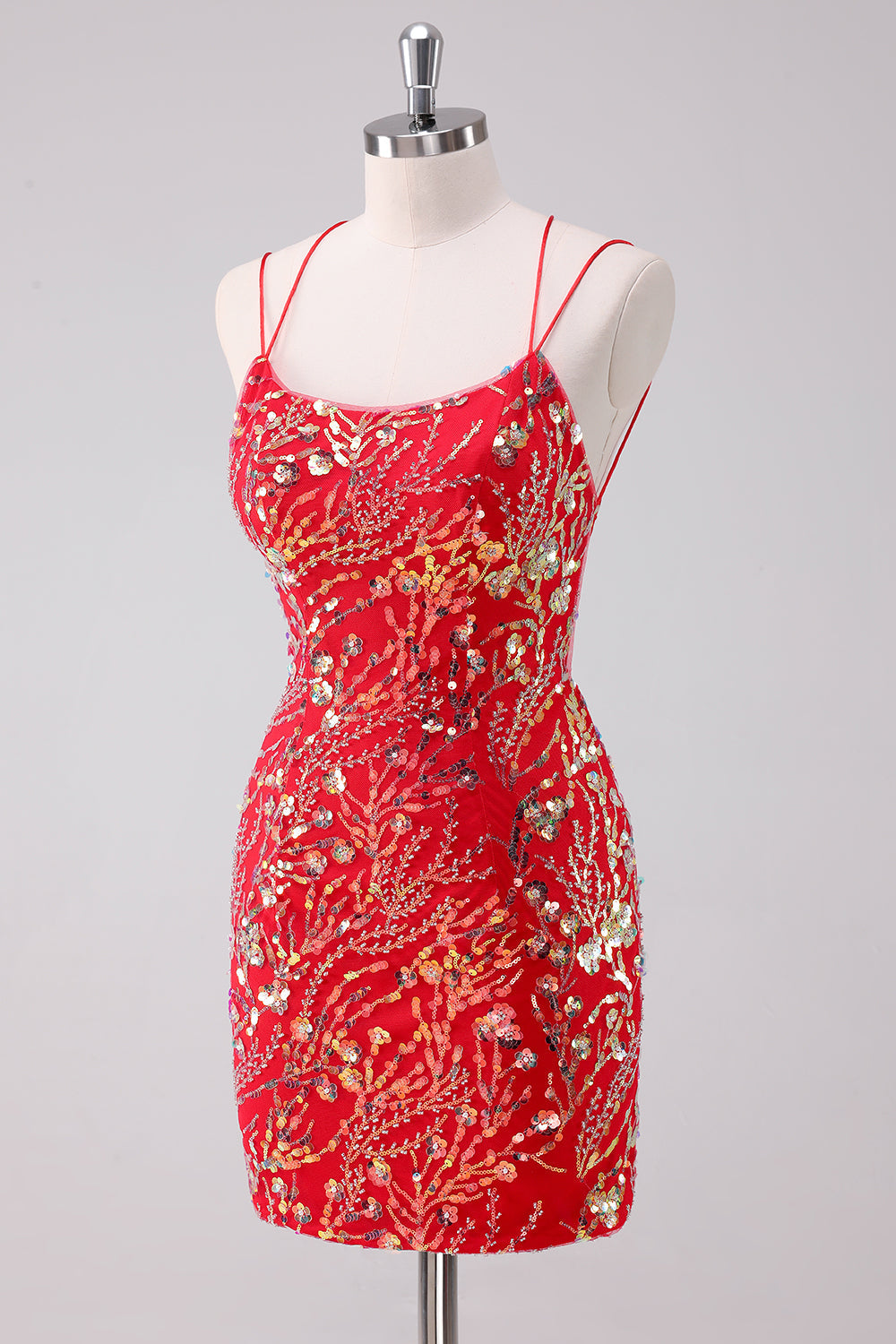 Luolandi Glitter Red Bodycon Spaghetti Straps Sequins Short Homecoming Dress Sparkly Party Dress