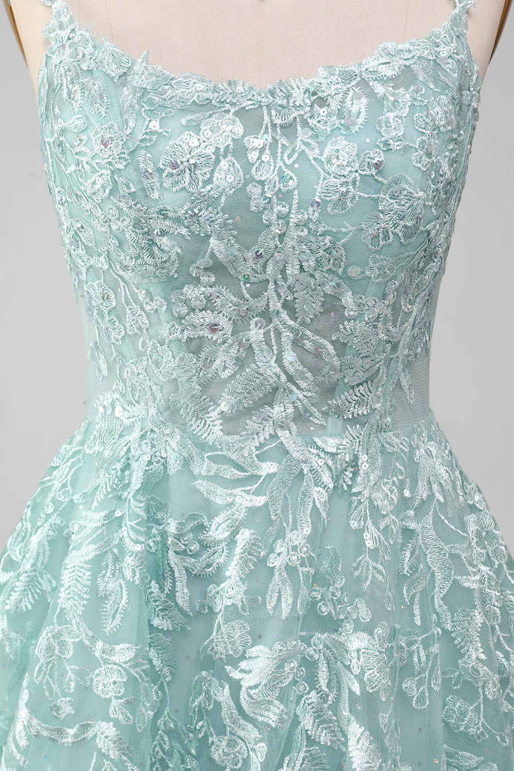 Luolandi Glitter Mint A-Line Tulle Long Prom Dress With Lace And Slit Beautiful