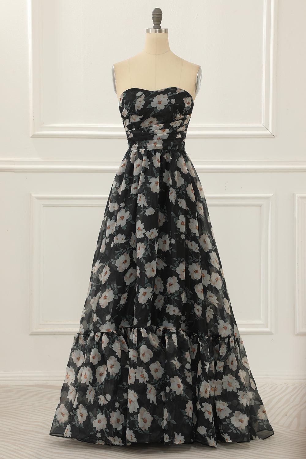 Luolandi Black Print Off Shoulder A Line Prom Dress With Ruffles Floor Length Elegant