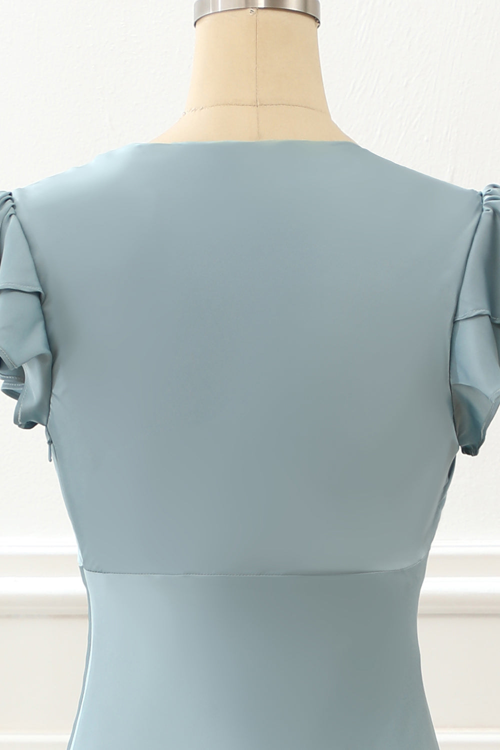 Luolandi Blue Satin Simple Prom Dress With Ruffles Short Sleeve Bridesmaid Dress Party Dress