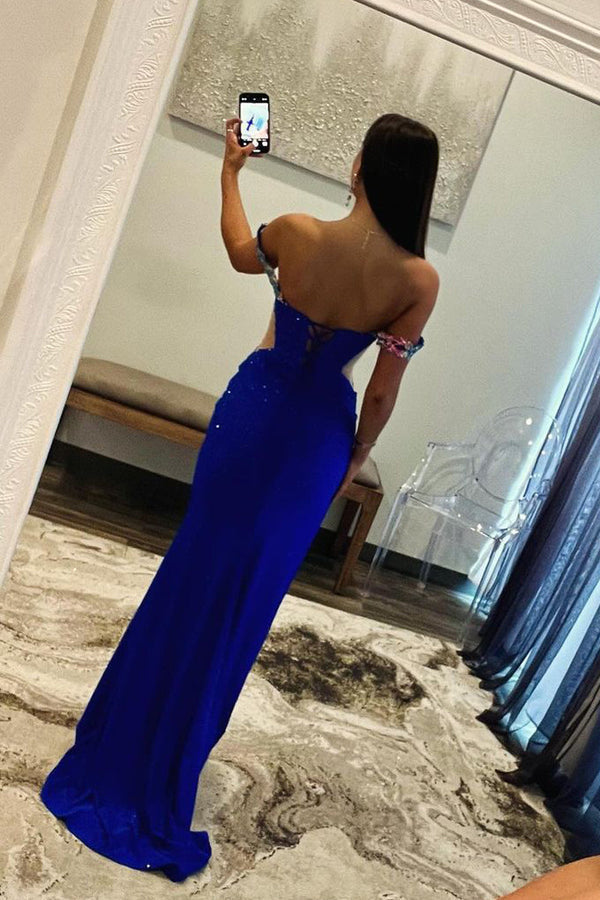 Luolandi Royal Blue Off the Shoulder Beaded Long Prom Dresses with Appliques Sexy Evening Dress