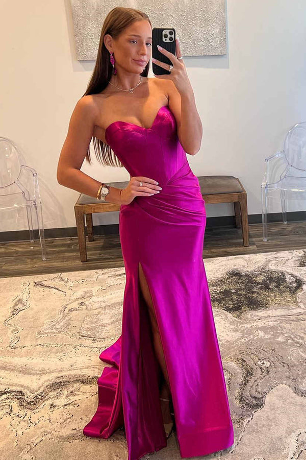 Luolandi Mermaid Sweetheart Satain Prom Dress with Slit Off Shoulder Sexy Evening Dress