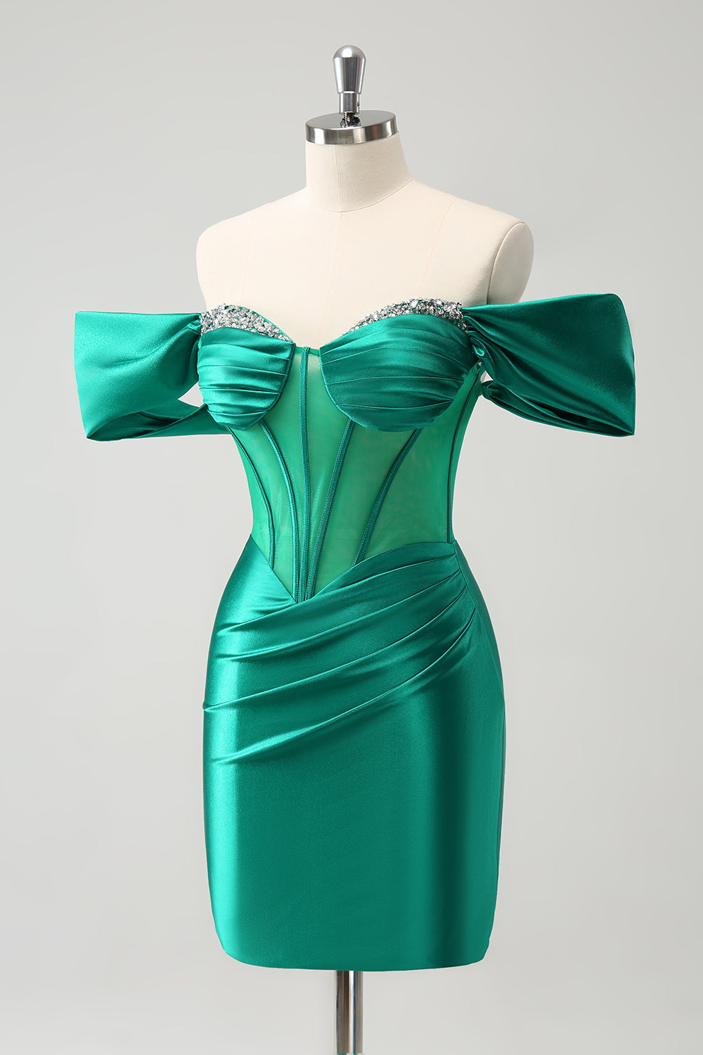 Luolandi Glitter Green Tight Off the shoulder Corset Homecoming Dress with Beading Sexy Party Dress