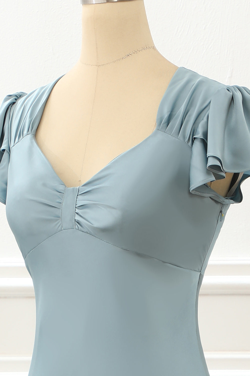 Luolandi Blue Satin Simple Prom Dress With Ruffles Short Sleeve Bridesmaid Dress Party Dress