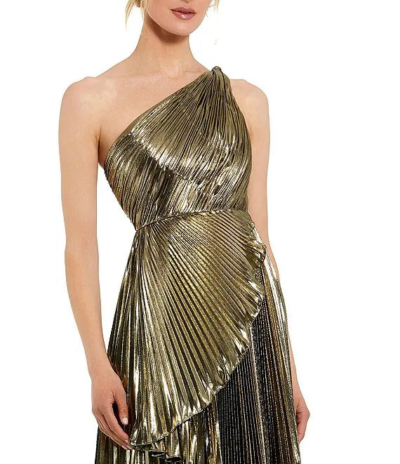 Luolandi Metallic Pleated One Shoulder Sleeveless Faux Wrap Ruffle Hem High Low Gown Cocktail Dresses Evening Dress