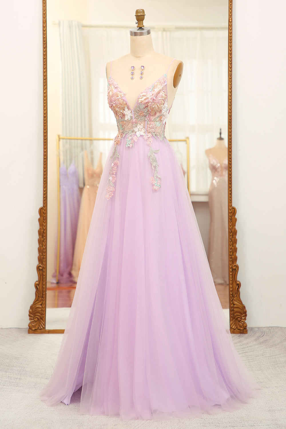 Luolandi Glitter Lilac A-Line Spaghetti Straps Flowers Long Prom Dress With Slit