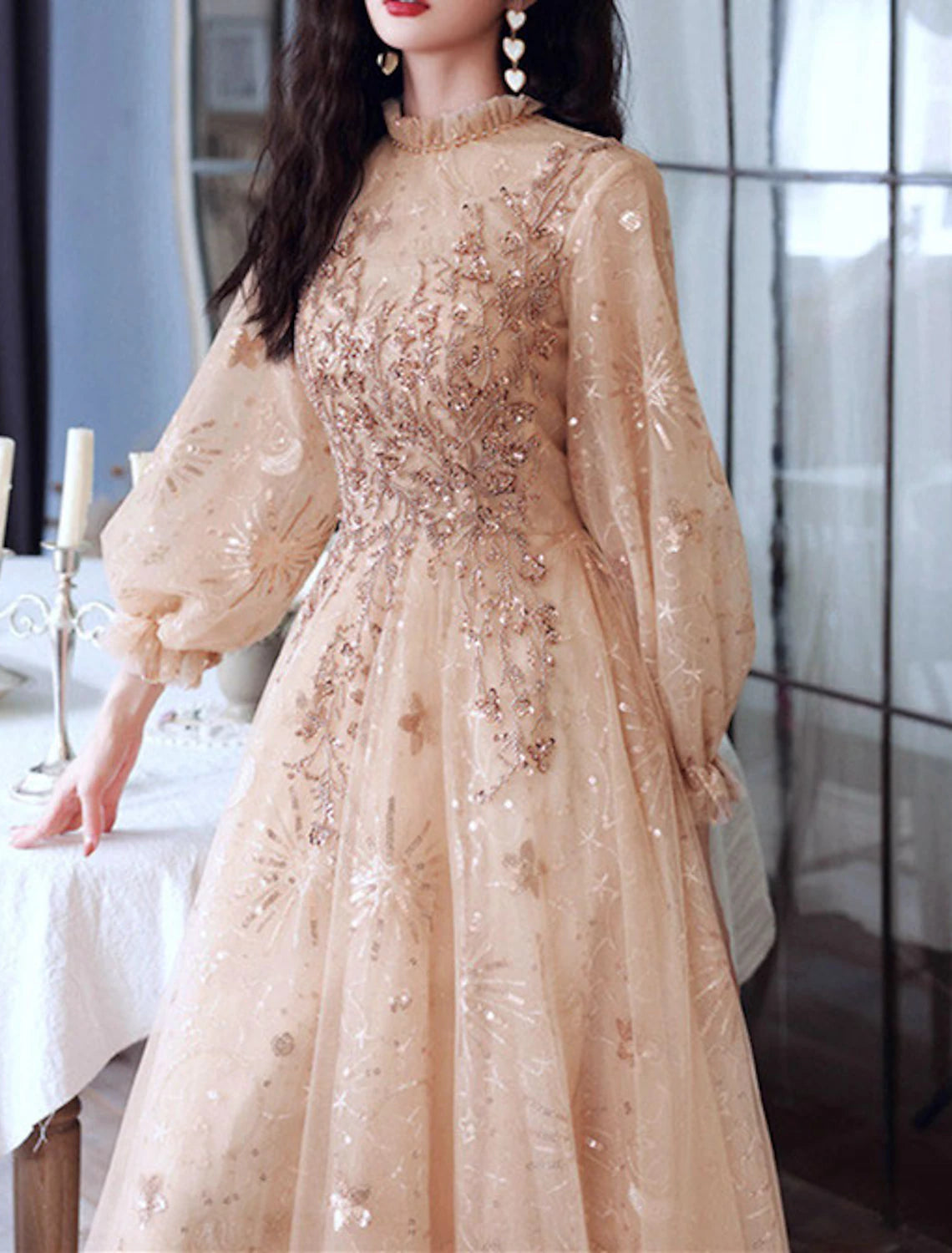 Luolandi A-Line Glittering Elegant Engagement Formal Evening Dress High Neck Long Sleeves Charming Long Prom Dress