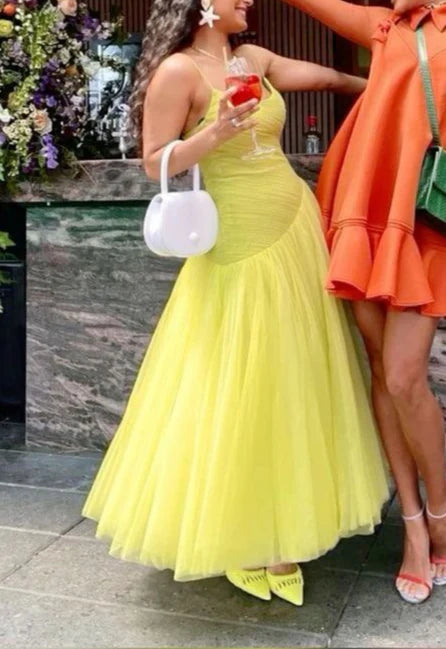 Luolandi Charming Spaghetti Straps A-Line Tulle Long Party Dress Fashion Evening Dress