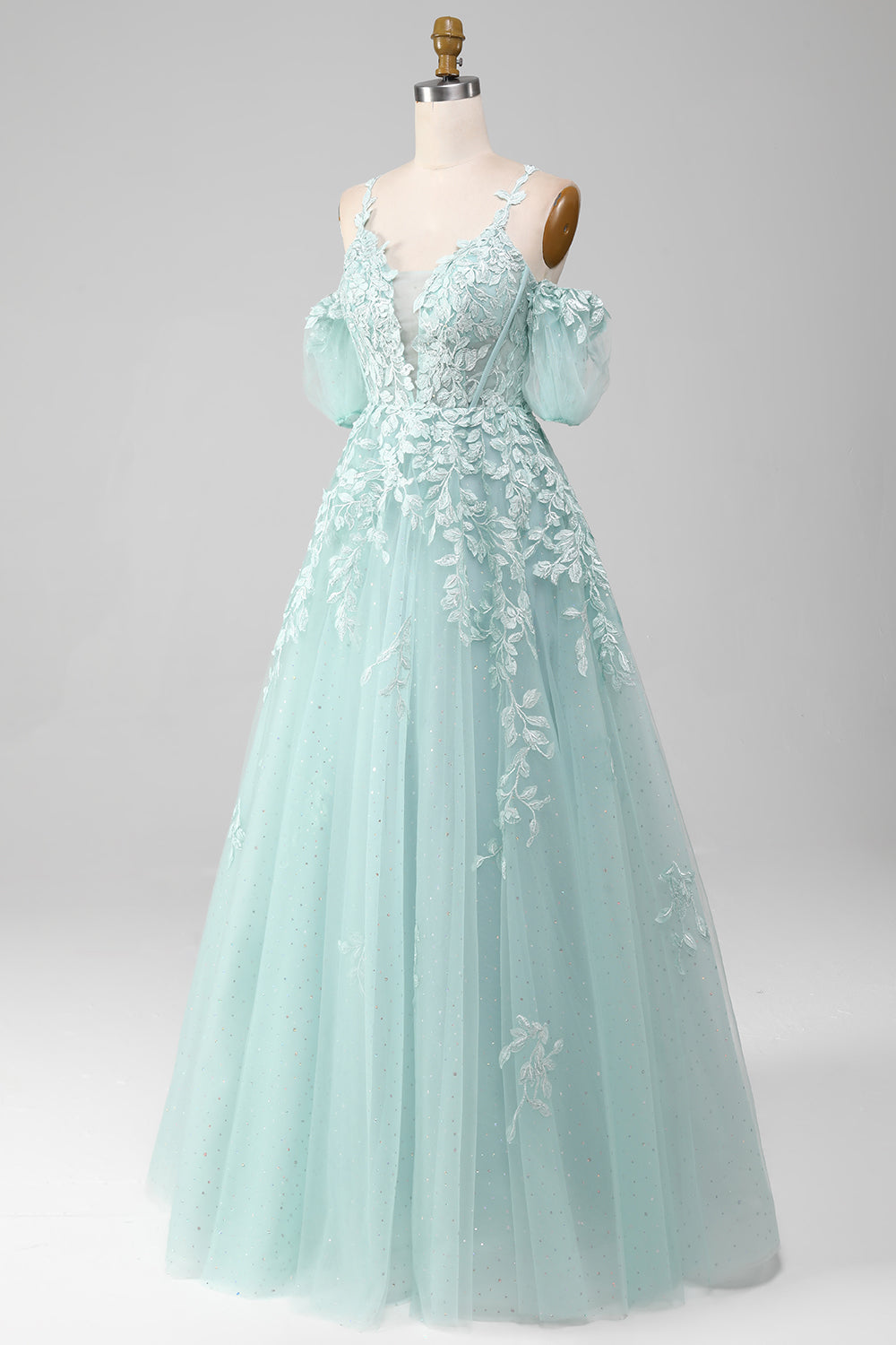 Luolandi Ball-Gown Off The Shoulder Beaded Mint Prom Dresses With Appliques And Sleeves