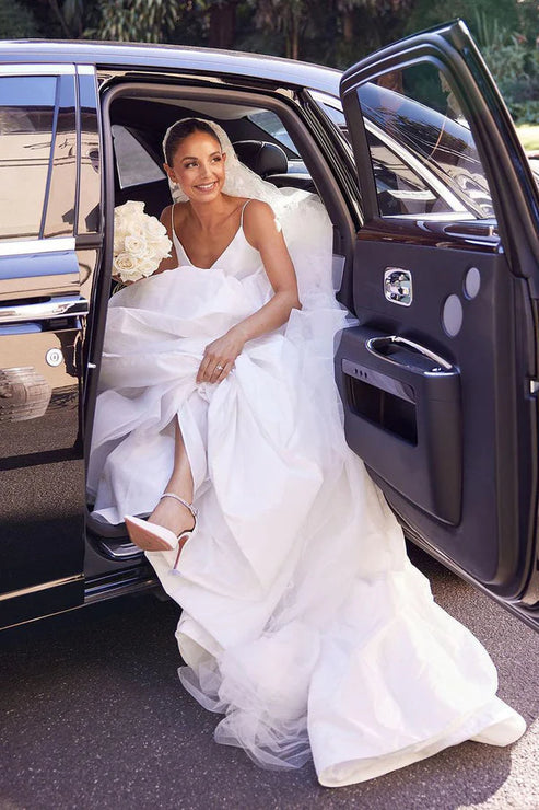 Luolandi A-Line Satin Spaghetti Straps Backless Wedding Dresses V-neck Sexy